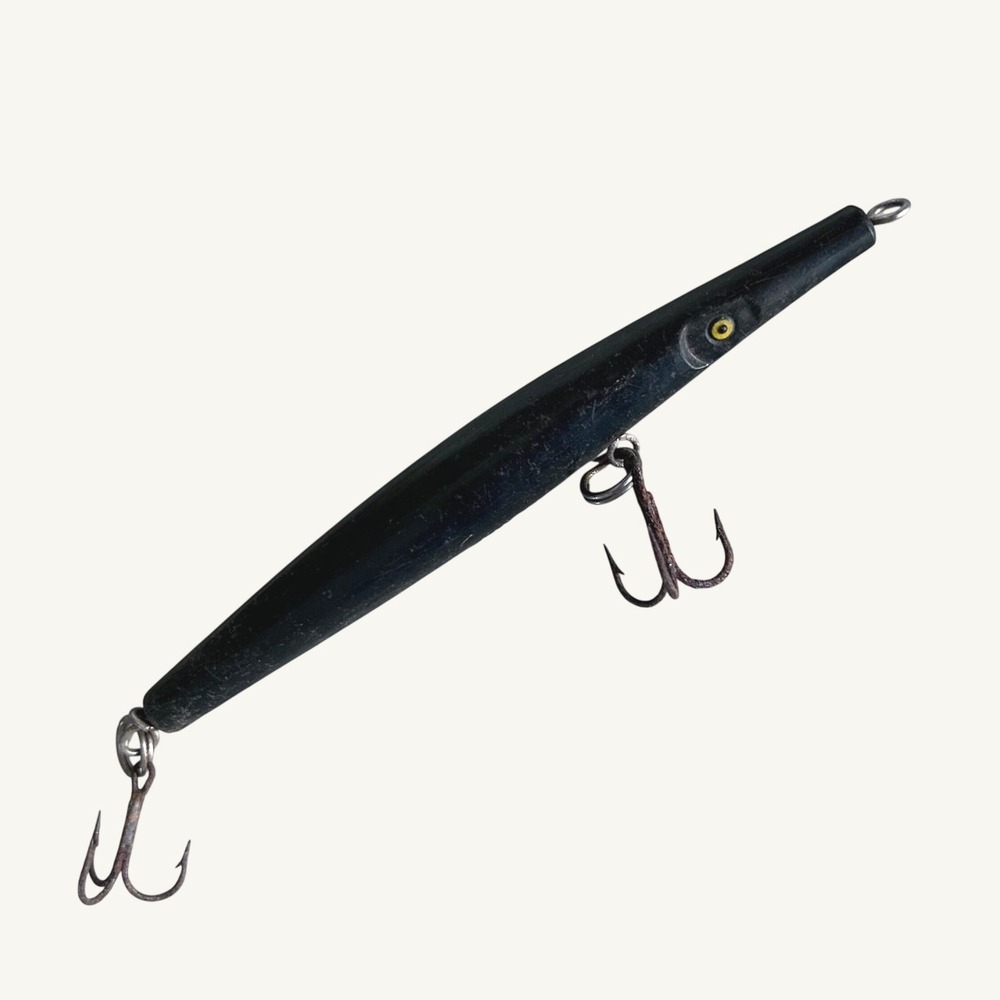Vintage 6" Wooden Needlefish Fishing Lure Black Saltwater Glass Eyes Treble Hook